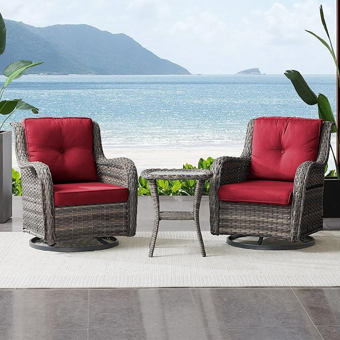 Outdoor Swivel Rocker Wicker Chairs Set of 3, High Back Swivel Patio Chairs Wicker Furniture Set, 2 PCS Rattan Swivel Rocking Chair with Side Table, Red Cushion-VerdiqueGarden