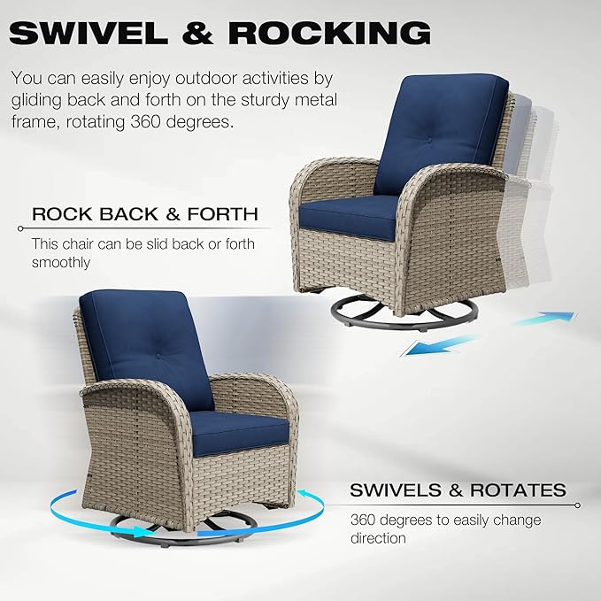 Joyside Outdoor Swivel Rocker Chairs, 3 Piece Wicker Patio Set with Thick Cushion and Side Table, Rattan Patio Swivel Rocking Chairs for Porch, Deck Use (Natural/Blue, 3 PCS)-VerdiqueGarden
