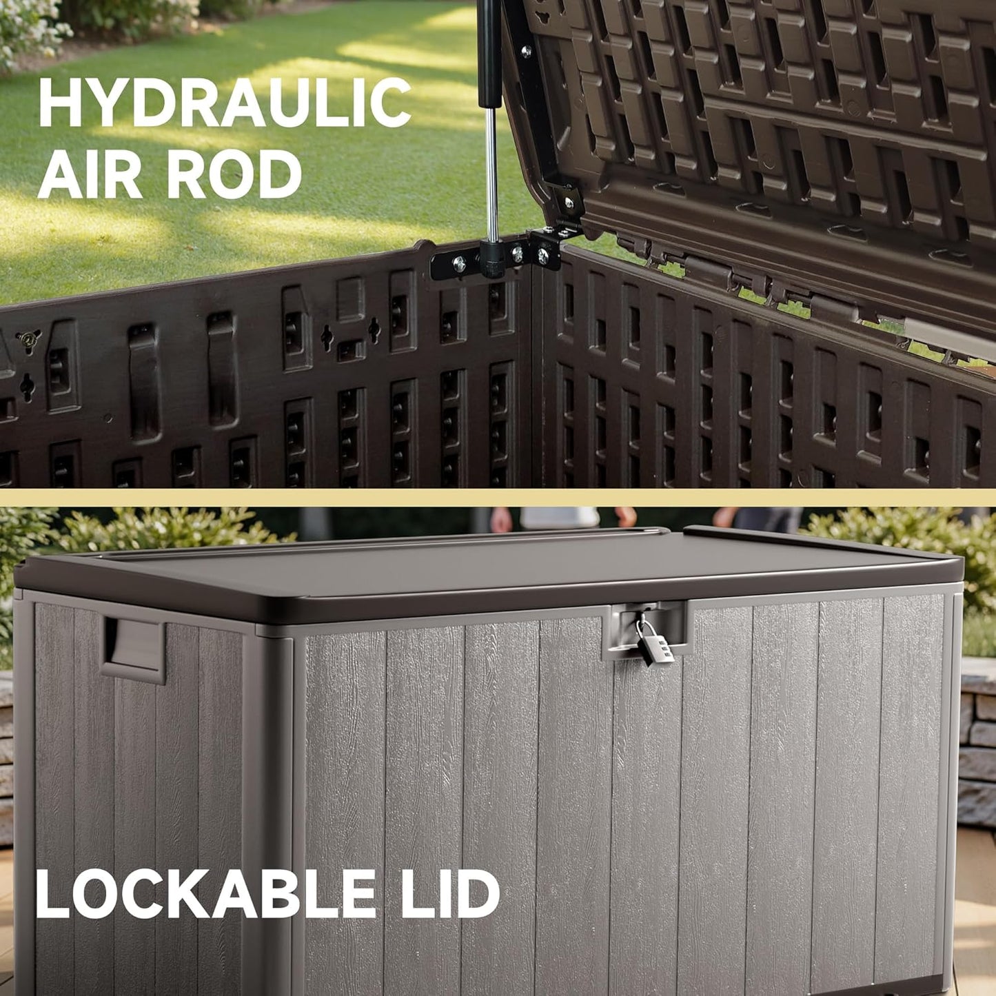 120 Gallon Deck Box, Double Layer Waterproof Resin Outdoor Indoor Storage Box, Lockable & UV Resistant Storage Bin for Patio Furniture, Garden Tools, Pool Accessories (Brown)-VerdiqueGarden