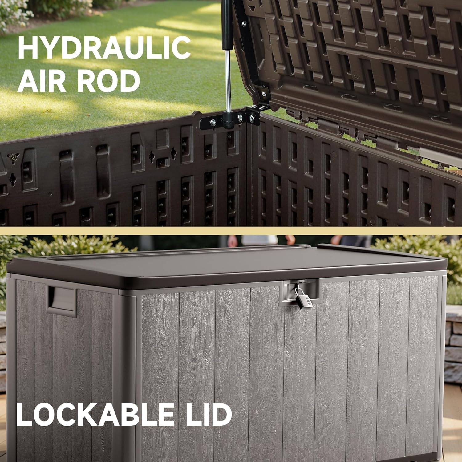 120 Gallon Deck Box, Double Layer Waterproof Resin Outdoor Indoor Storage Box, Lockable & UV Resistant Storage Bin for Patio Furniture, Garden Tools, Pool Accessories (Brown)-VerdiqueGarden