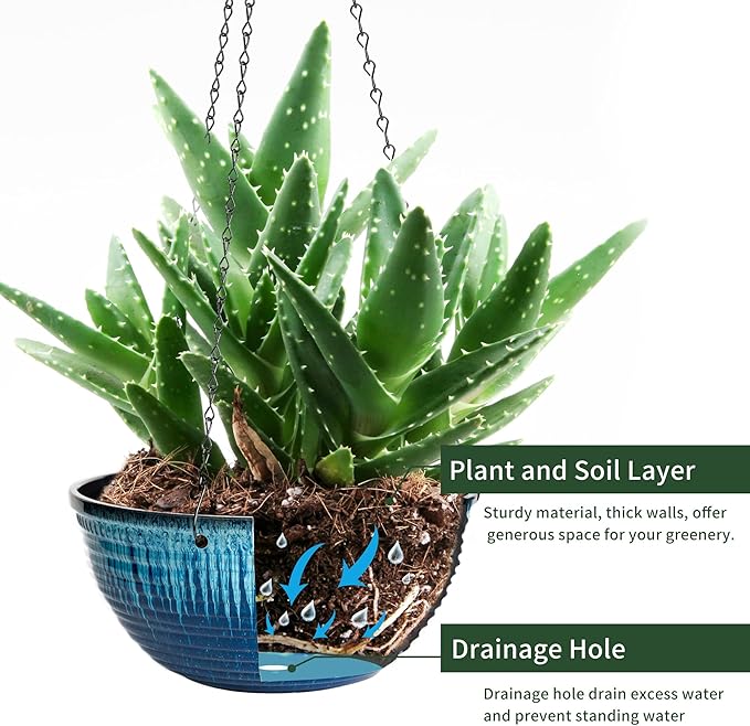 12 inch Hanging Planters for Indoor Outdoor Plants, 2 Pack Large Hanging Flower Pots with Drainage Holes and Chain, Glazed Hanging Baskets for Home Garden Decoration (Blue Flow Glaze)-VerdiqueGarden