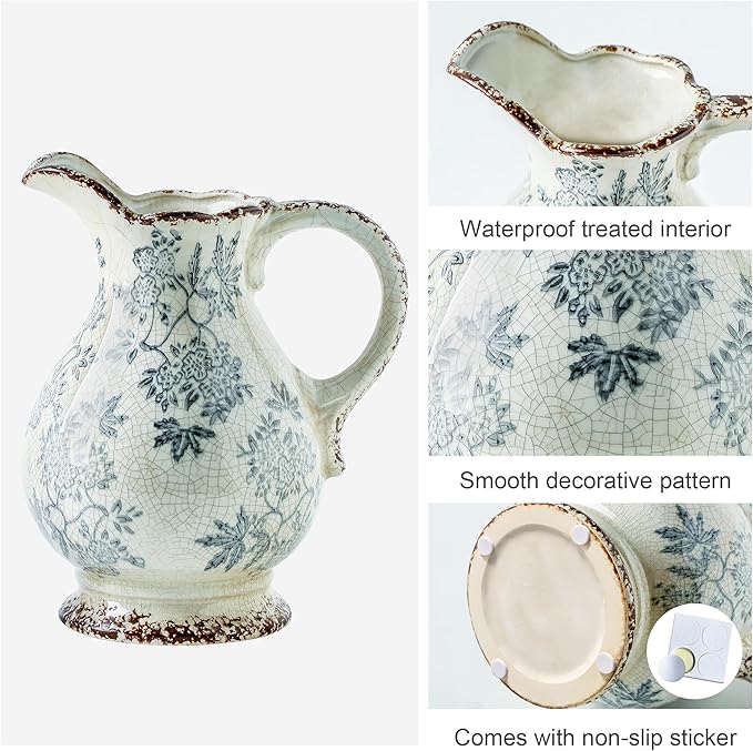 Enra Large Vintage Blue and White and Pitcher for Home Decor, 9.7 Inch Rustic Chinoiserie Decorative Vases, Green and Beige Ceramic Vases for Living Room, Kitchen, Office – Large Vases for Decor-VerdiqueGarden