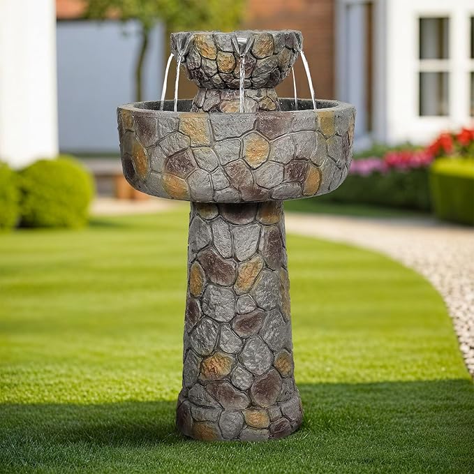 SunJet 25.7” High x 15.3” Diameter Concrete Bird Bath with Faux Stone Finish - Outdoor Water Fountain with Electric Pump - Birdbath for Garden, Patio, Yard, Lawn Décor-VerdiqueGarden