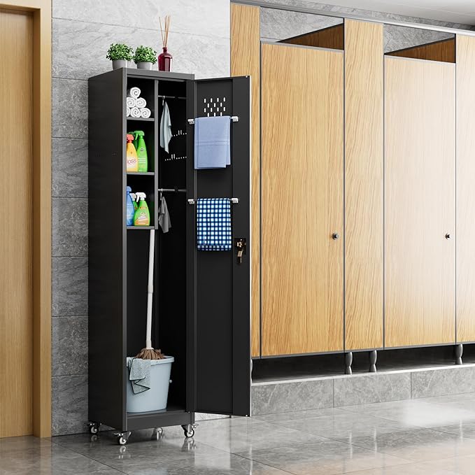 72''H Metal Broom Closet Storage Cabinet with Wheels & Pegboards, Mops Broom Closet Organizer with Locking Door & Hanging Rod,Cleaning Tool Garage Storage Cabinet,Assembly Required,Black-VerdiqueGarden
