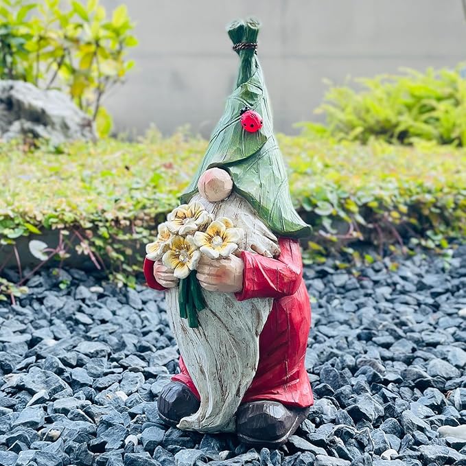 Garden Gnome Statue Outdoor Decor, Solar Garden Gnome Figurine Light, Resin Statues Sculpture for Patio Yard Lawn Outdoor Decorations-VerdiqueGarden