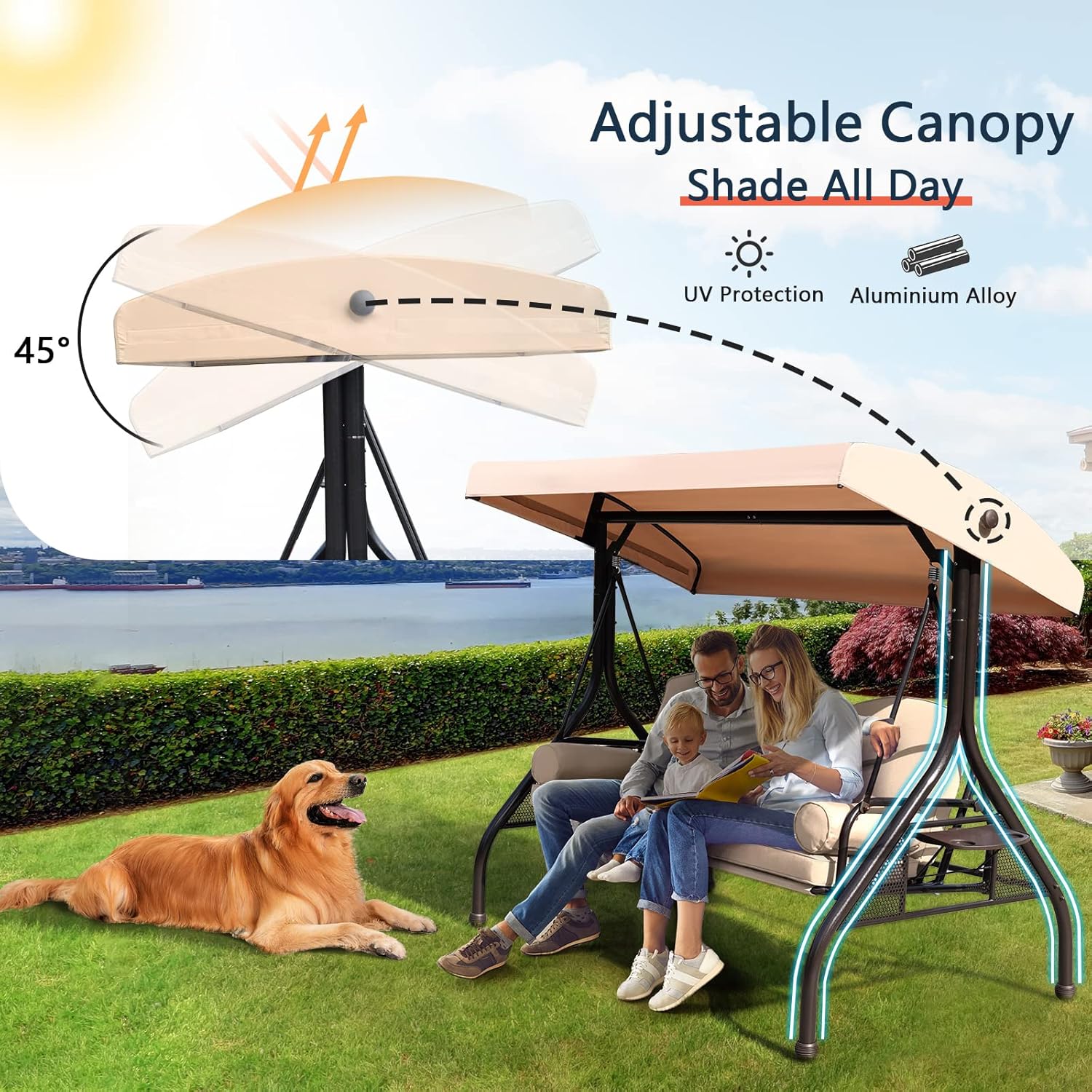 NOBLEMOOD Patio Porch Swing, 3-Seat Outdoor Swing with Adjustable Canopy, Waterproof Fabric Cushion, Pillow and Foldable Side Tray for Patio, Backyard, Porch Swing Bed for Spring-VerdiqueGarden