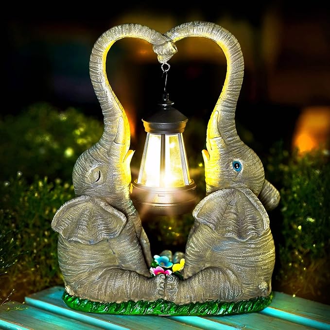 Elephant Statue Easter Garden Decor with LED Solar Lights-Set of 2 Good Luck Elephant Outdoor Statue Christmas Decorations for Yard Patio,Porch,Home -Mothers Day Gifts for Women, Mom, Grandma-VerdiqueGarden