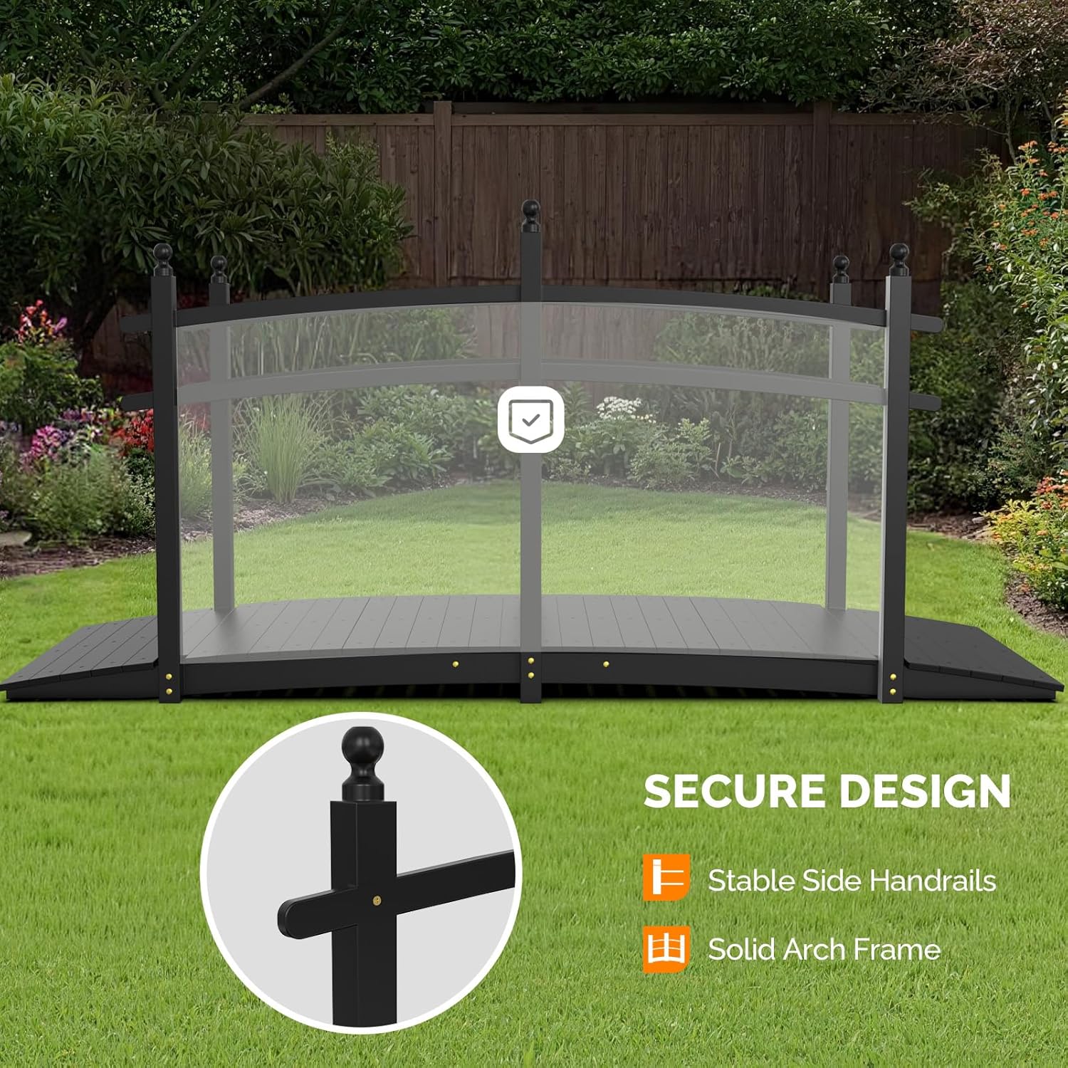 VINGLI Garden Bridge, Classic Wooden Arch with Safety Rails Footbridge (Black, 7.5 ft)-VerdiqueGarden