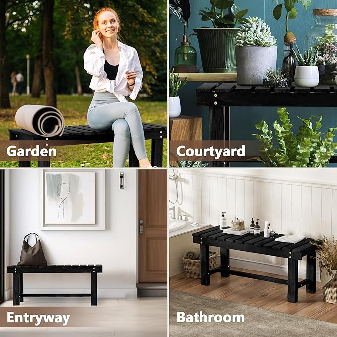 Nidouillet Outdoor Garden Bench, Weatherproof Patio Benches 2-Person Seat Backless Wooden Porch Bench, Multifunctional Slat All Weather Bench for Garden Lawn Porch Park Backyard (Black, 35.5 inch)-VerdiqueGarden