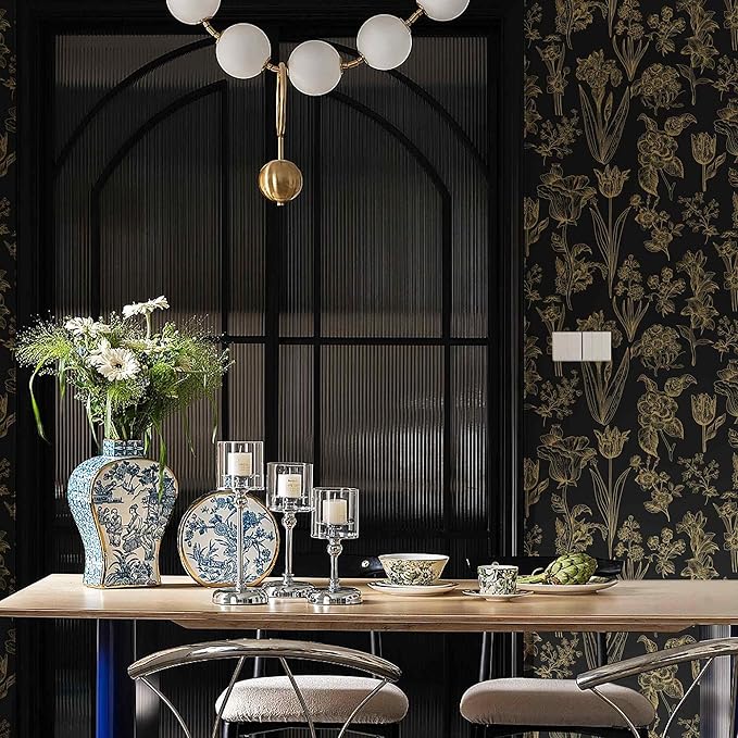 Dimoon 393"x17.3" Floral Wallpaper Peel and Stick Flowers Golden Black Contact Paper Thicken Waterproof Modern Self Adhesive Plants Wallpaper Removable Wall Paper Shelf Vinyl Roll-VerdiqueGarden