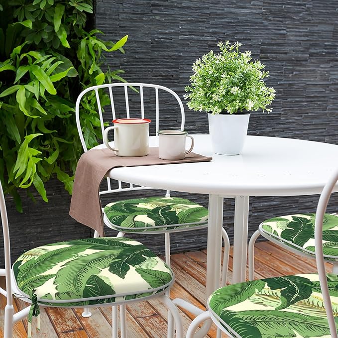 Indoor/Outdoor Chair Cushions 16x17 Inch, Patio Chair Cushions with Ties, All Weather Seat Cushions for Patio Furniture Home Garden Chair Use, Set of 4, Swaying Palms Green-VerdiqueGarden