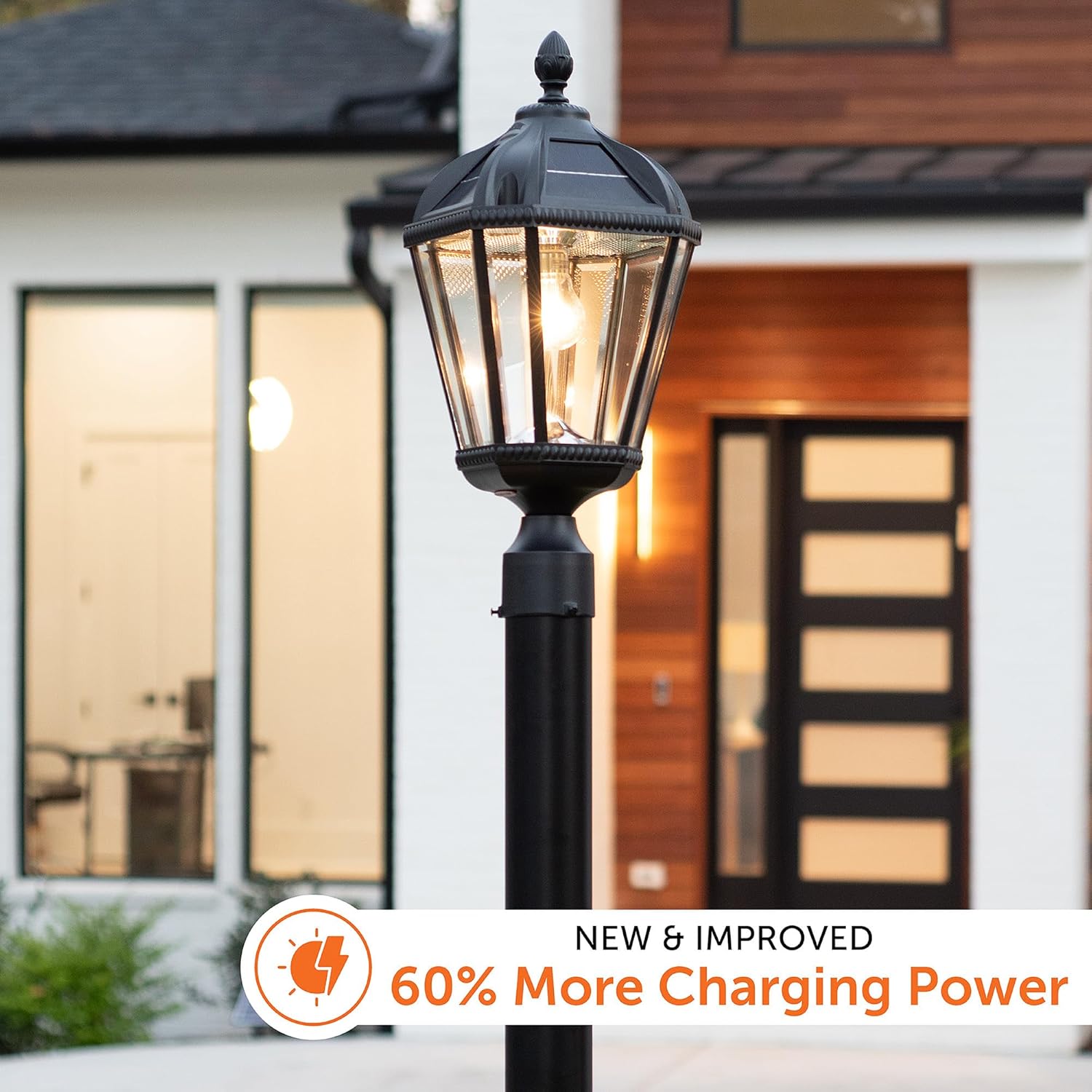 Gama Sonic Outdoor Solar Post Light, Black Aluminum, Royal Bulb, Rain Water Glass, Single Lamp with 3-inch Fitter for Lamp Posts Warm White LED, 98B012 (Upgraded Panel and Battery)-VerdiqueGarden