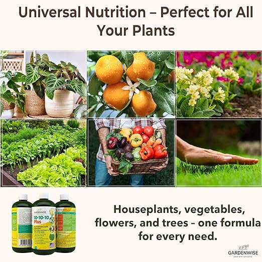 10-10-10 Fertilizer for All Purpose Plants - Liquid Fertilizer with Seaweed Kelp & Iron - Plant Food Outdoor & Indoor Plant Food, Vegetables,Flowers, Lawn & Garden 10 10 10 Fertilizer 16 oz-VerdiqueGarden