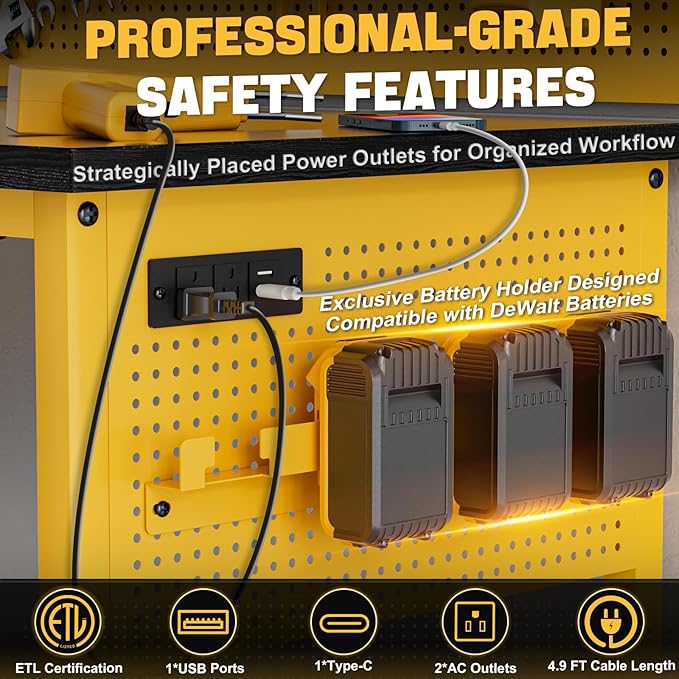 47" Heavy Duty Adjustable Workbench with Power Outlets, Pegboard & Locking Wheels - 2100LB Capacity Garage Work Table, Compatible with DeWalt Battery, Reinforced Steel Frame for Workshop & Home Use-VerdiqueGarden