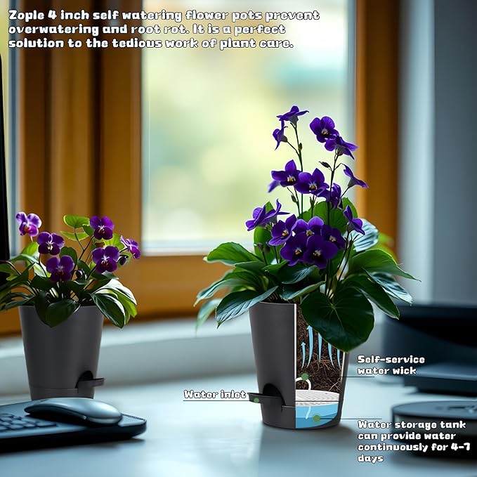 12 Pack 4 Inch Self Watering Plant Pots with Drainage and Saucers，Plastic Flower Pots for Indoor and Outdoor Plants, Nursery Planters for Houseplants and Herbs Black, 4 inch 12pcs-VerdiqueGarden