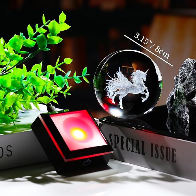 Qianwei Unicorn Gifts for Women 3D Crystal Ball 3.14'' - 80mm Laser Unicorn Decor Glass Animals Unicorn Gifts Figurines Statue Stuff for Room Decorations Unicorn Night Light-VerdiqueGarden
