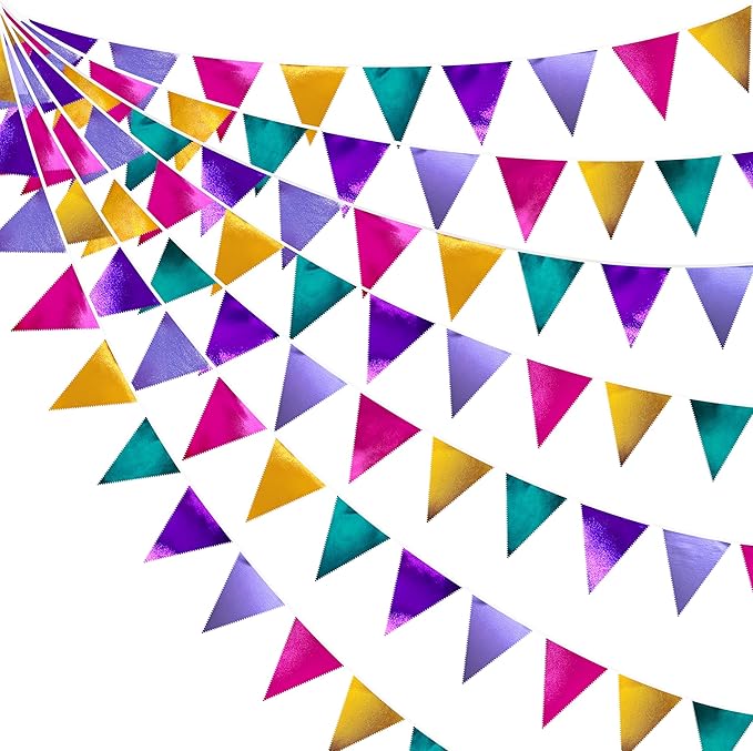 Colorful Party Decorations Hot Pink Teal Purple Metallic Fabric Triangle Pennant Banner Flag Bunting for Fiesta Carnival Rainbow Multi-color Birthday Wedding Baby Shower Holiday Outdoor Party Supplies-VerdiqueGarden