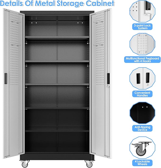 Metal Garage Storage Cabinet with Wheels & Pegboard, Lockable Metal Storage Cabinets with 2 Doors&5 Adjustable Shelves for Garage&Home,Assembly Required,Black Gray 71''H x32''W x16''D-VerdiqueGarden