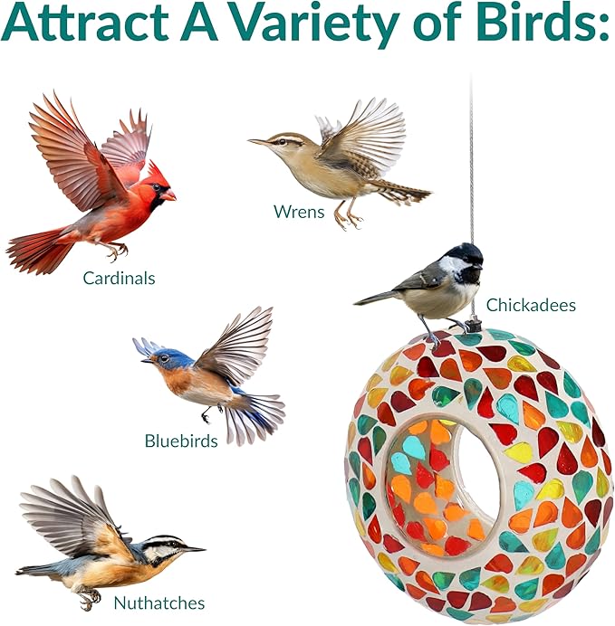 Sunnydaze 6-Inch Glass Mosaic Hanging Bird Feeder for Outdoors - Fly-Through Wild Bird Feeder - Confetti Mosaic-VerdiqueGarden