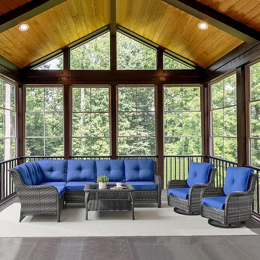 Outdoor Furniture Sectional Sofa L Shaped Couch - Patio Wicker Set with 2 Swivel Glider Chairs, 5 Piece Rattan Patio Conversation Sets with Blue Cushion for Deck Backyard Sunroom-VerdiqueGarden