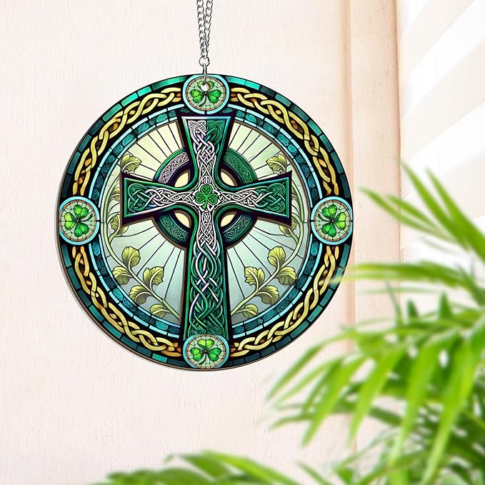 St Patricks Day Decorations - Irish Gifts for Men Women Friends Family, St Patricks Day Accessories, Celtic Cross Home Decor - Double Layered Hanging Suncatcher 8 in-VerdiqueGarden
