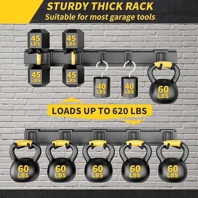 64 Inches Garage Storage, Garage Organization, Wall Mount Garden Tool Organizer, Max 620lbs Adjustable Metal Hooks, Yard Shed Rack, Tool Holder for Hanging Rake Broom Mop Snowboard, Home Gift-VerdiqueGarden