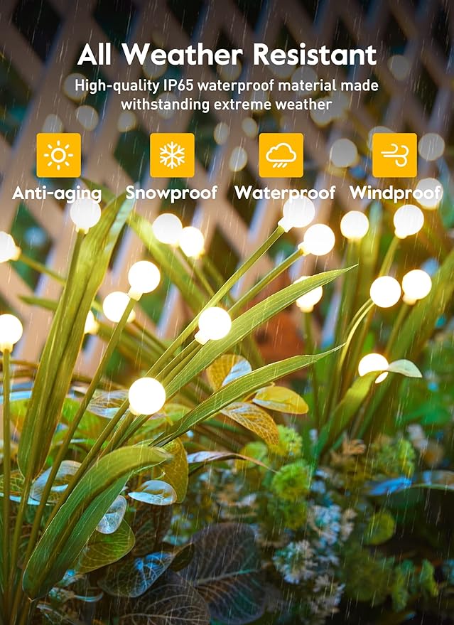 4 Pack 48 LED Solar Firefly Lights with Leaves, Solar Garden Lights Outdoor Decoration with 2 Lighting Modes, Waterproof Solar Outdoor Lights Decorative, Solar Lights for Outside Pathway, Warm White-VerdiqueGarden