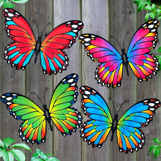 Oraytteo 4 Pack Metal Butterfly Wall Decor, Butterflies Wall Art Hanging Sculptures for Outdoor, Fence Patio Yard Tree Garden Home Decorations, Housewarming Gift-VerdiqueGarden