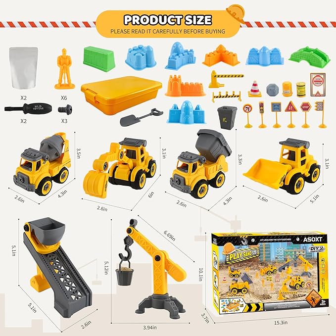Asoxt 43-Piece Construction Sensory Playset – 2 lbs Play Sand, 4 DIY Trucks, Crane & Road Signs – Creative Sandbox Toy for Kids Ages 3+-VerdiqueGarden