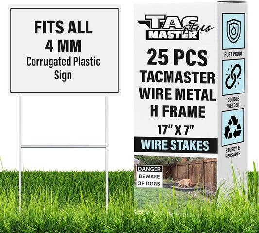 Tacmaster Wire Metal Yard and Sign H Stakes – Durable Blank Lawn Sign Posts for 4mm Corrugated Panels, Real Estate Signs, Waterproof and Wind Resistant, Ideal for Outdoor Use, 17"x7" – 25 Pack-VerdiqueGarden