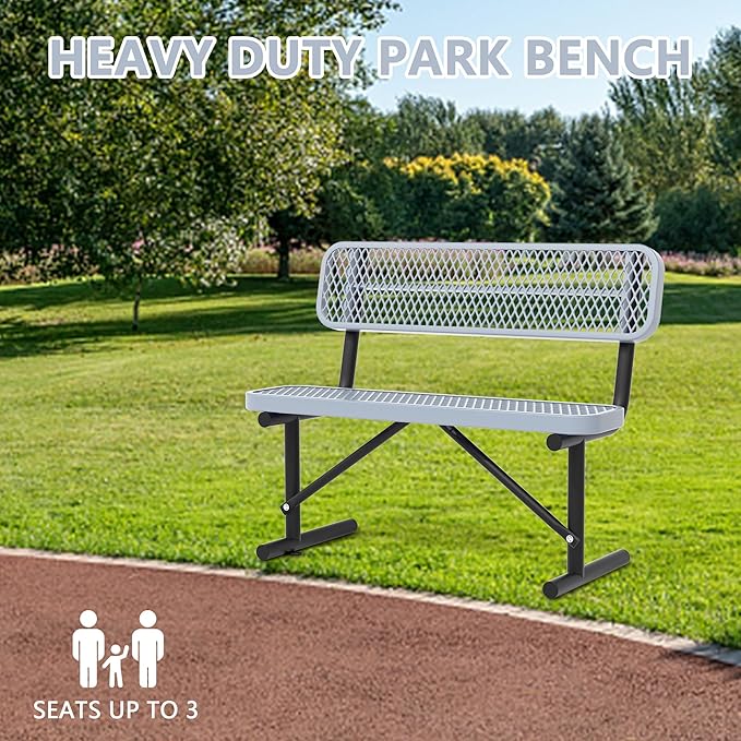 Heavy Duty Park Bench with Back Portable Frame, Outdoor Steel Bench with Backrest, Outdoor Park Bench Expanded Metal Mesh Bench for Lawn, Park, Deck, Garden, Patio, Porch, Black (Gray, 4FT)-VerdiqueGarden