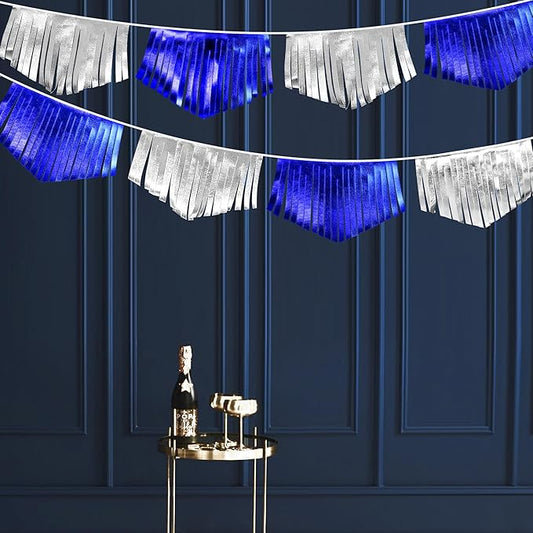 Royal Blue Silver Tassel Banner Metallic Fabric Pennant Bunting Flag for Graduation Birthday Retirement Bachelorette Engagement Wedding Bridal Shower Navy Nautical Ahoy Achor Party Decoration Supplies-VerdiqueGarden