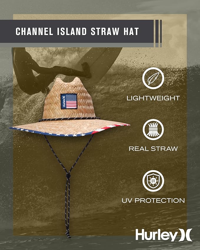Hurley Men's Straw Hat - Wide Brim Channel Island Lifeguard Hat - Stylish Sun Hats for Men with Chin Strap-VerdiqueGarden