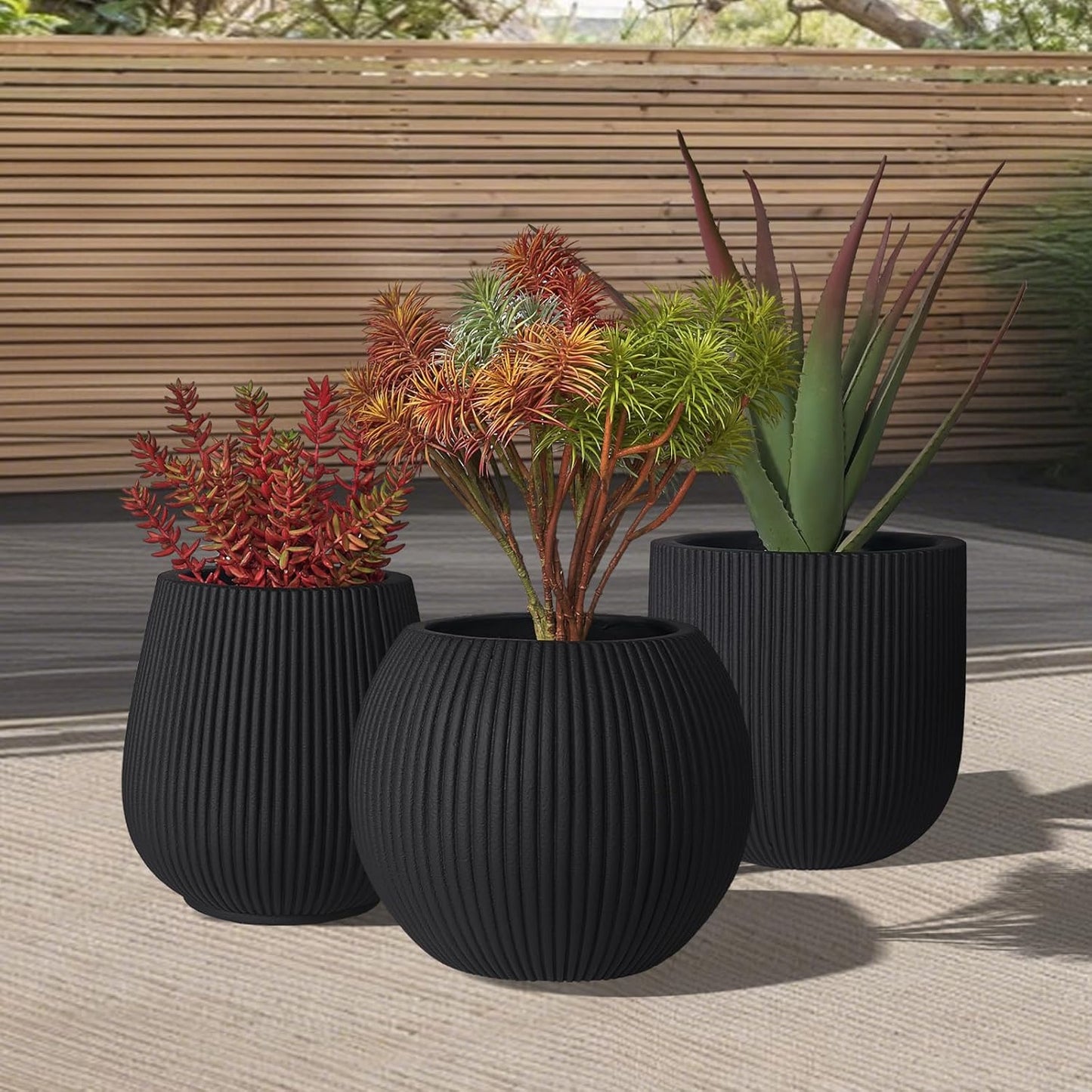 16 Inch Handmade Concrete Outdoor Planter - Classic Striped Design | Fiberglass & Composite Material | Durable for Commercial & Home Decor-VerdiqueGarden