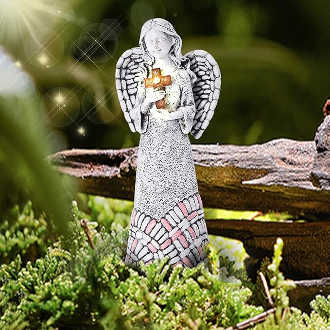 Angel Garden Statues Outdoor Solar Decor Gifts for Women Cross Praying for Cemetery Backyard Lawn Yard Decoration（10.24inch）-VerdiqueGarden