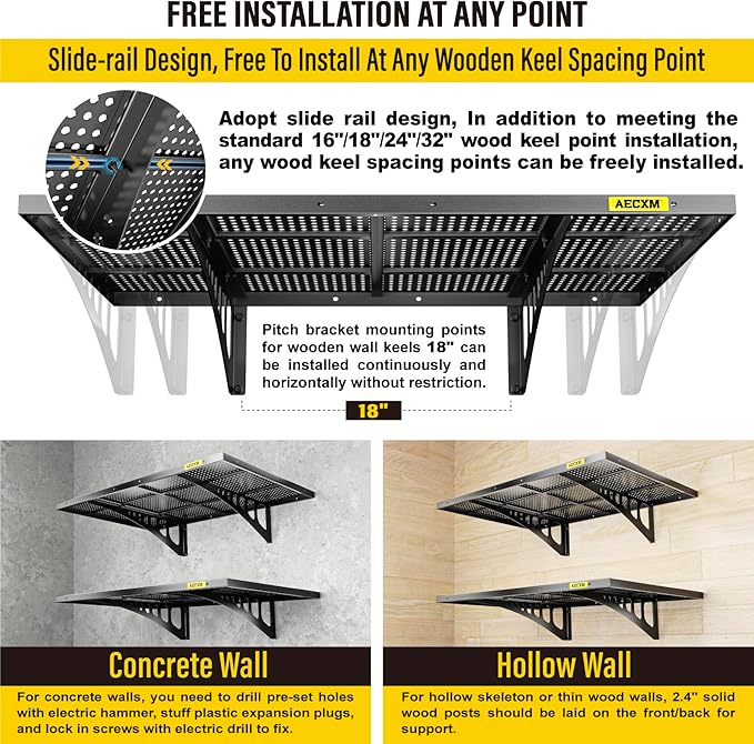 2-Pack 2x3ft Adjustable Garage Wall Shelving 560lbs Load Capacity Heavy Duty Wall Mounted Storage Shelf Metal Floating Shelves for Garage(Black)-VerdiqueGarden