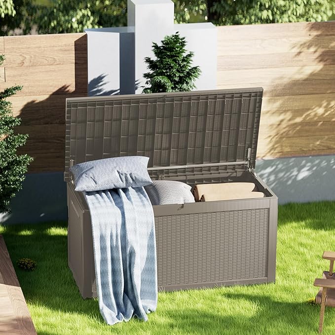 320 Gallon Lockable Resin Deck Box, Waterproof & UV-Resistant Outdoor Storage Box for Outdoor Cushion Storage, Garden Tools & Pool Accessories Storage, Gray-VerdiqueGarden