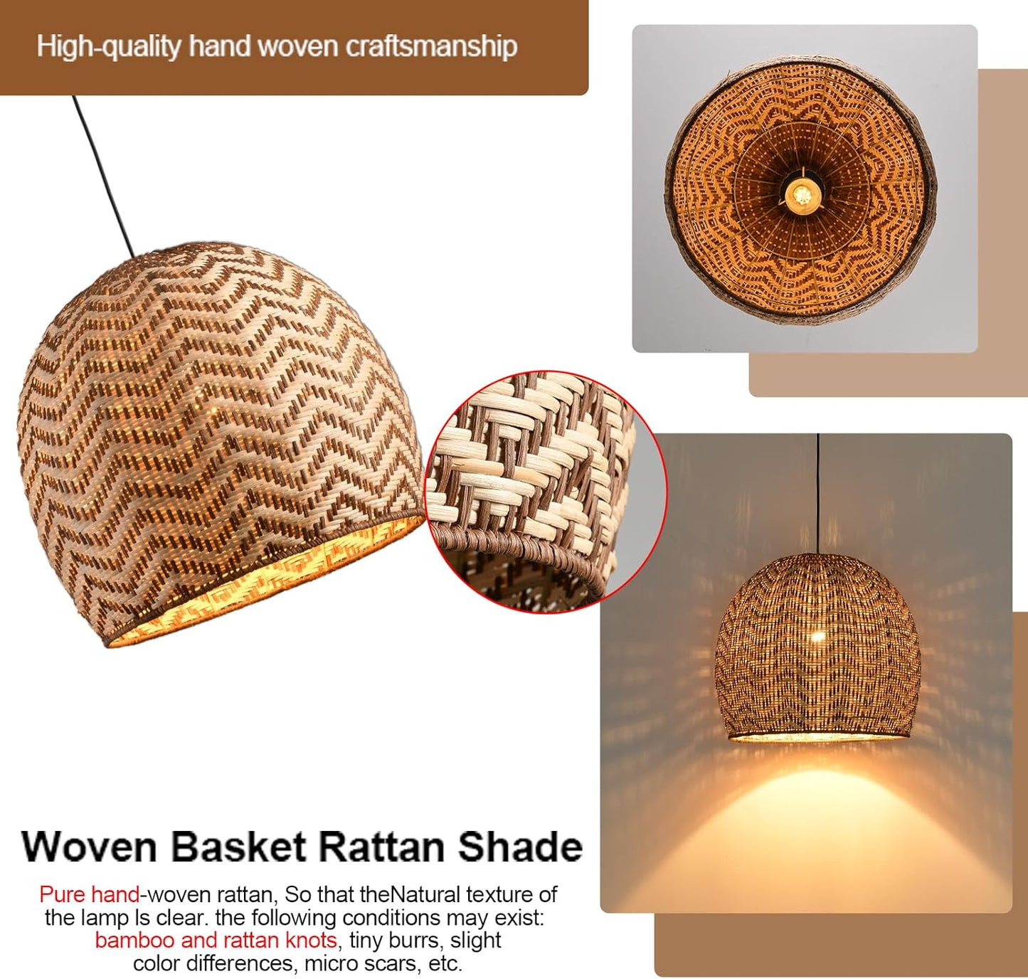 13.77" Rattan Pendant Light 1-Pack Rustic Curry Rattan Hanging Light Hand-Woven Wicker Chandelier for Dining Living Bedroom Kitchen Farmhouse-VerdiqueGarden