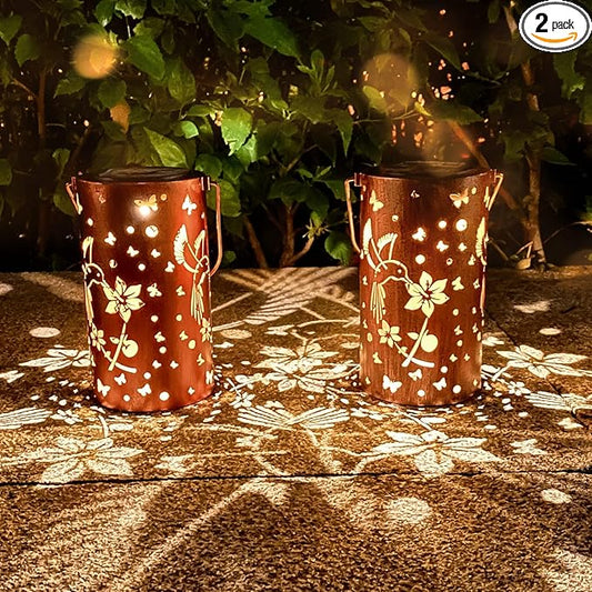 2 Pack Hummingbird Solar Lanterns Outdoor Hanging Lantern Lights, Hollowed-Out Metal Decor Lantern-VerdiqueGarden