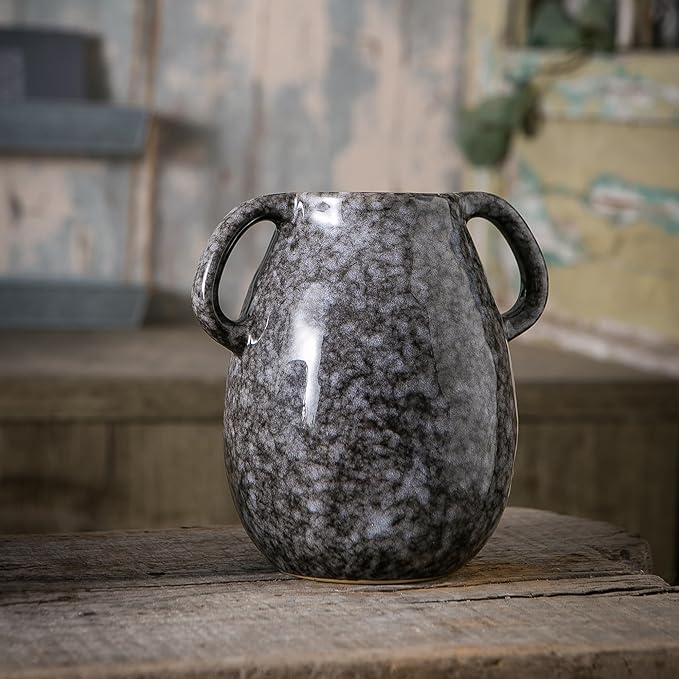 Black Ceramic Vase with 2 Handles, Modern Farmhouse Decor, Rustic Terracotta Pottery, Decorative Flower Vases, Clay Small Vase, Centerpiece for Dining Table - 7 Inch Tall-VerdiqueGarden