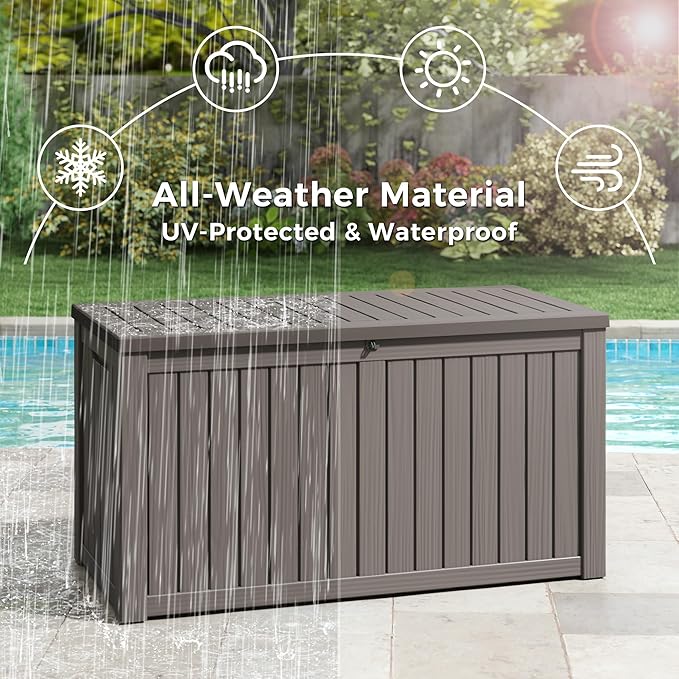 KAMABOKO Outdoor Storage Box, 150 Gallon Large Outdoor Resin Deck Box, Storage Waterproof Boxes Lockable Lid for Garden Tools, Pool Supplies, Patio Furniture and Cushions, Grey-VerdiqueGarden