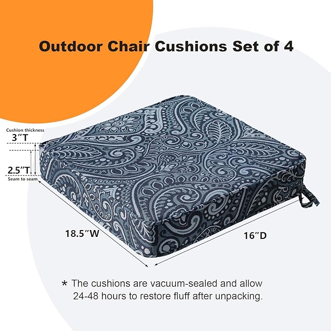 Square Corner Seat Cushions, 18.5" x 16" x 3", Set of 4, Indoor Outdoor Water Repellent Universal Chair Pads with Ties for Patio Furniture, Garden Deck Dining Chairs, Damask Blue Flower-VerdiqueGarden