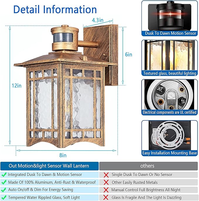 Brown Motion Sensor Outdoor Lights Wall Mount - Dusk to Dawn Exterior Light Fixture for Outside House Porch Patio Garage - Waterproof Lantern with Yard Front Motion Detector-VerdiqueGarden