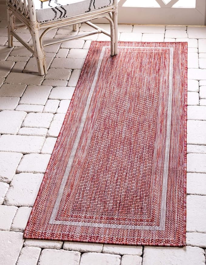 Unique Loom Outdoor Border Collection Area Rug - Soft Border (2' x 6' 1" Runner, Rust Red/ Ivory)-VerdiqueGarden