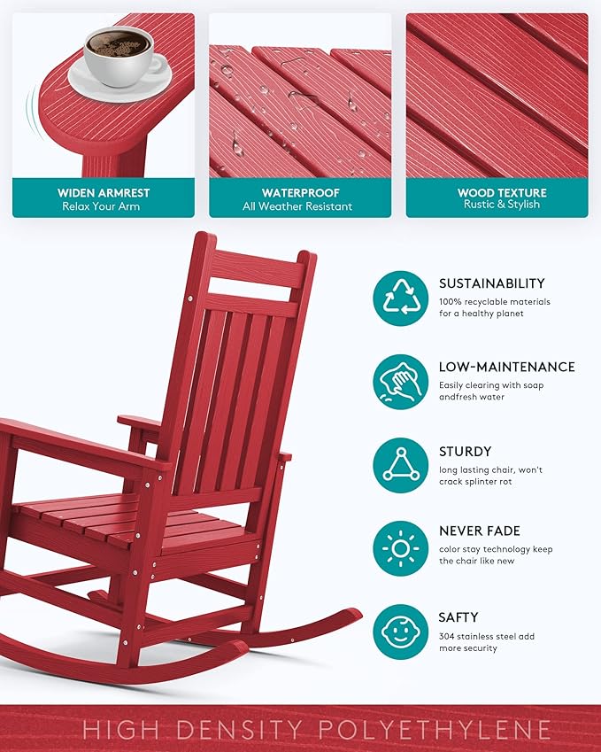 SERWALL Oversized Rocking Chair, Outdoor Rocking Chair Set for Adults, All Weather Resistant Porch Rocker for Lawn Garden, Red-VerdiqueGarden