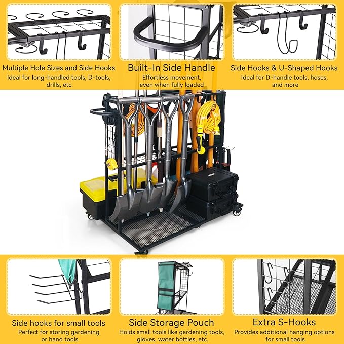Garden Tool Organizer - Heavy Duty Garage Storage and Organization with Wheels - Large Garden Tool Storage Holder for Lawn Yard Patio Shed,Garage Shovel Rack-VerdiqueGarden