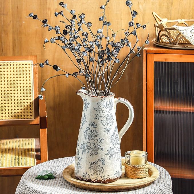 Enra Blue and White vase with Handle,12.2 inch Ceramic Vintage Decorative Flower Pitcher vase, Chinoiserie Floral Vase,Large Rustic Vases for Home Decors, Living Room, Bookshelf, Office-VerdiqueGarden