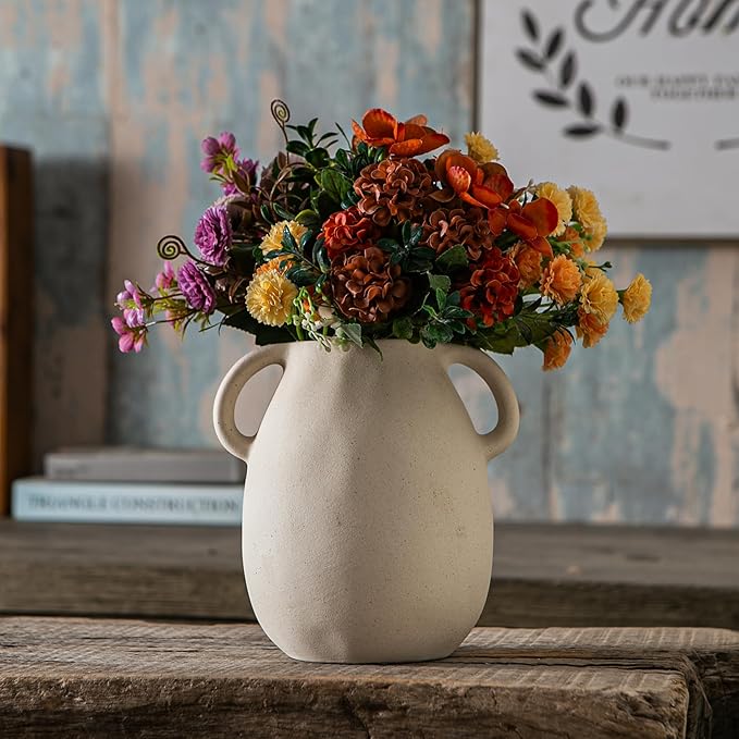 Off-White Ceramic Vase with 2 Handles, Sandstone Texture for Modern Farmhouse Decor, Rustic Pottery, Decorative Flower Vase, Clay Small Vase, Centerpiece for Dining Table - 7 Inch Tall-VerdiqueGarden