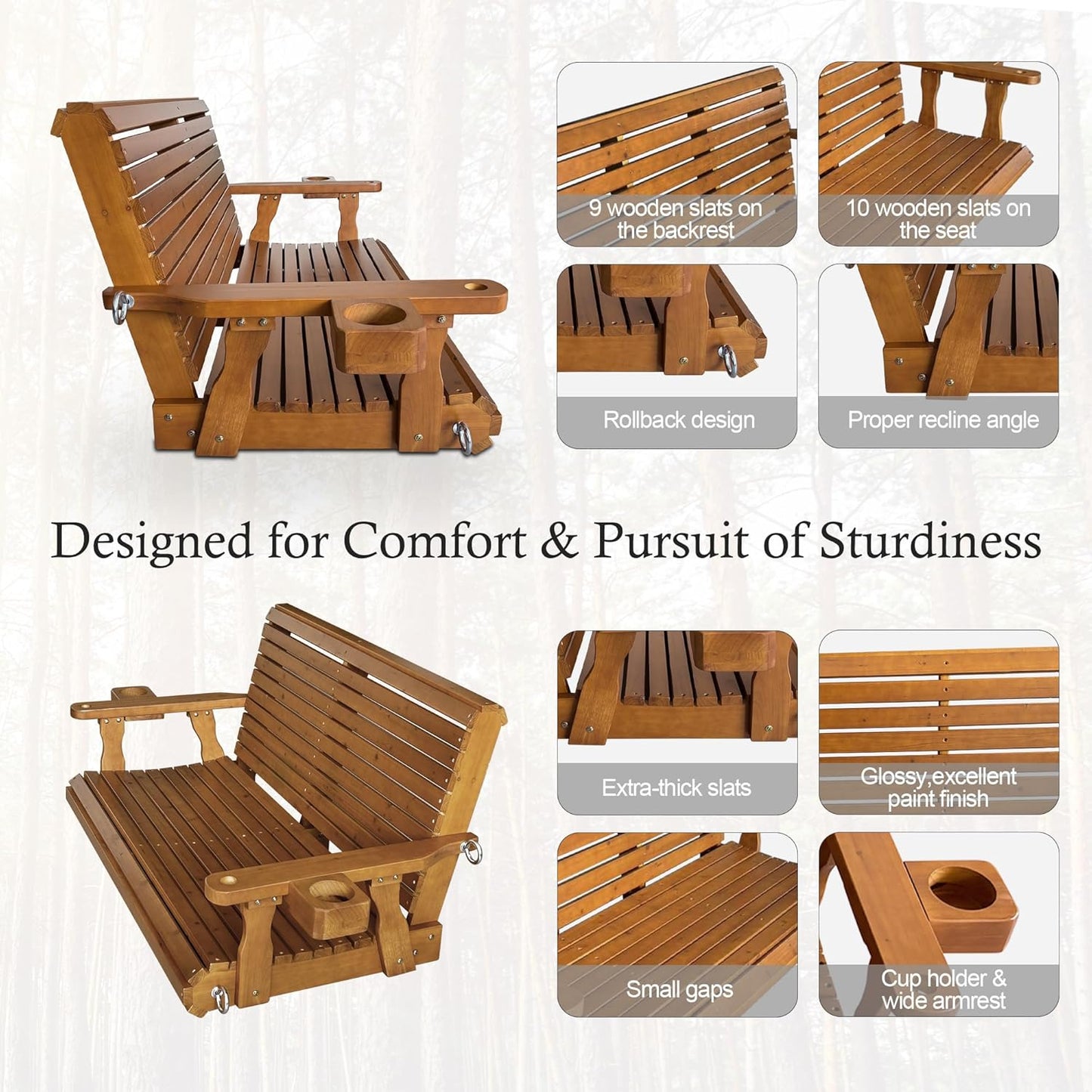 Wooden Porch Swing 2-Seater, High Backrest and Deep Seat, Bench Swing with Cupholders, Hanging Chains and 7mm Springs, Heavy Duty 880 LBS, for Outdoor Patio Garden (Cedar Tone - 4 FT Extra Large)-VerdiqueGarden