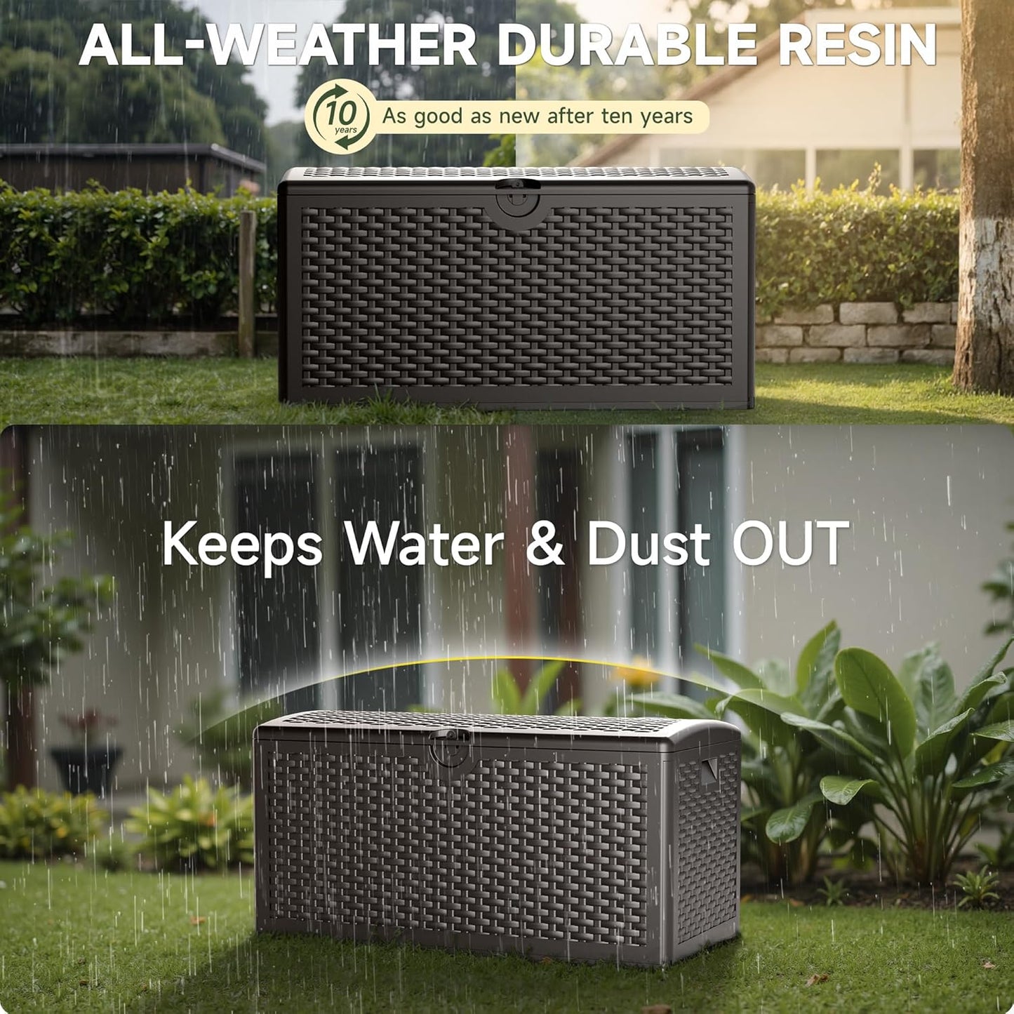 80 Gallon Deck Box, Double Layer Waterproof Resin Outdoor Indoor Storage Box, Lockable & UV Resistant Storage Bin for Patio Furniture, Garden Tools, Pool Accessories (Brown)-VerdiqueGarden